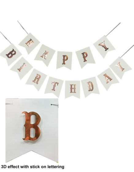 HBD Banner White Base Stick Rose Gold Letters